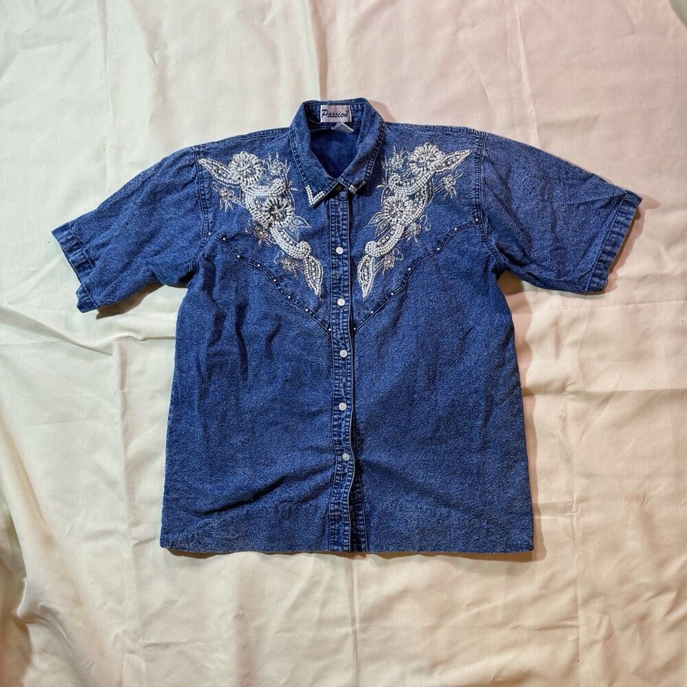 Vintage Passion Beaded Embellished Denim Western Shirt Pearl Blue M Japan Y2K